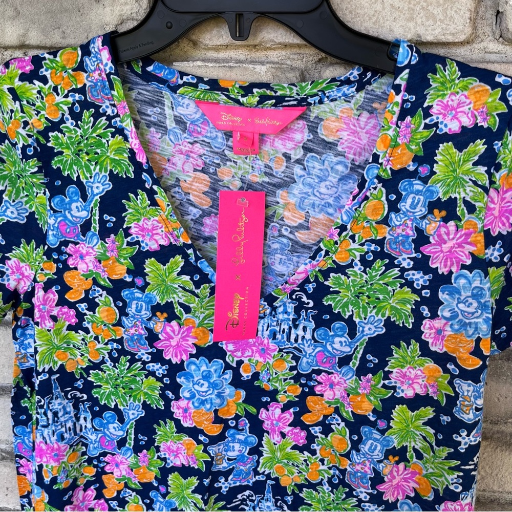 Disney Lilly Pulitzer Etta v-neck Blue Short Sleeve Shirt Mickey Mouse design. - Picture 2 of 4